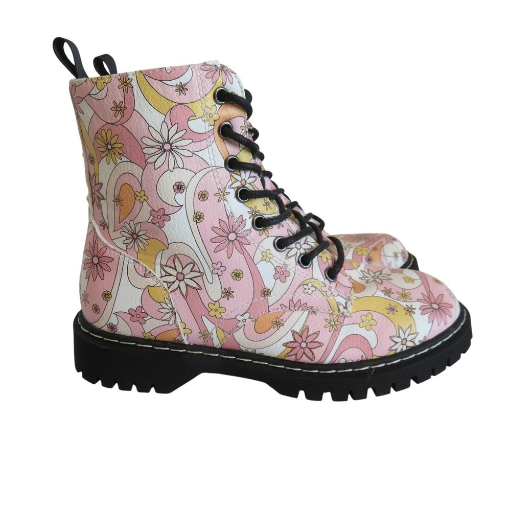 Unionbay Ginny Pink Retro Floral Combat Boots Womens 8M Psychedelic Lug Sole Zip